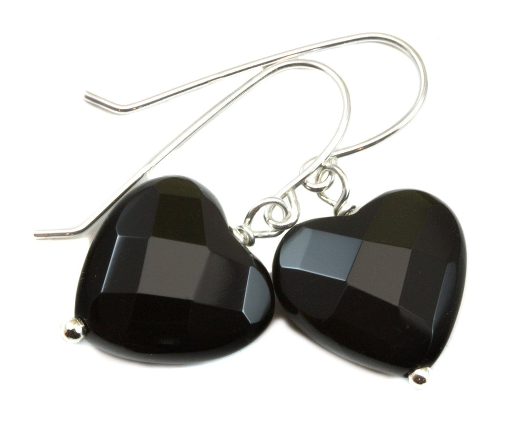 Black Onyx Earrings Sterling Silver or 14k Solid Gold or Filled Heart Faceted Cut Drop Heart Shaped Jet Black Simple Daily Classic Drops