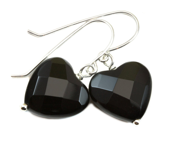 Black Onyx Earrings Sterling Silver or 14k Solid Gold or Filled Heart Faceted Cut Drop Heart Shaped Jet Black Simple Daily Classic Drops