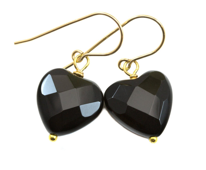 Black Onyx Earrings Sterling Silver or 14k Solid Gold or Filled Heart Faceted Cut Drop Heart Shaped Jet Black Simple Daily Classic Drops