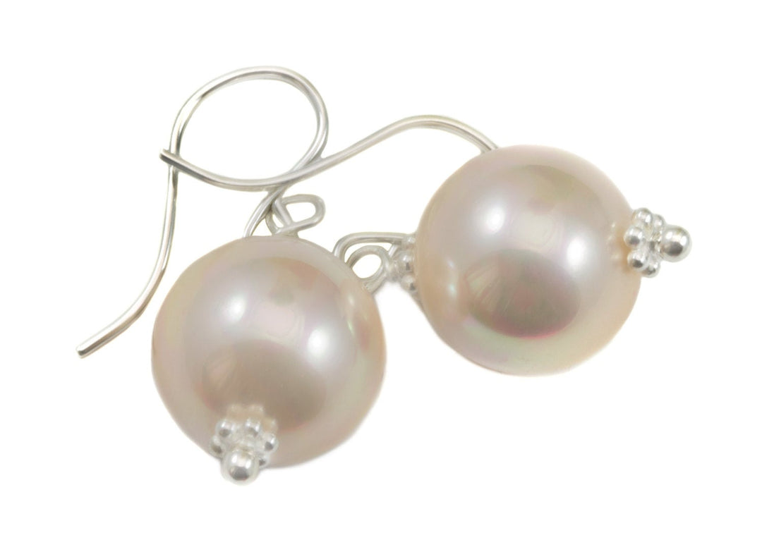 Mother of Pearl Earrings Pink Rose Round Drops Beaded Accents 14k Solid Gold or Filled or Sterling Silver Spyglass Soft Pale Pink Simple MOP