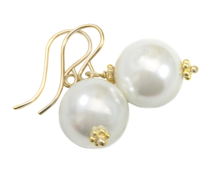 Mother of Pearl Earrings White Round Drops Beaded Accents 14k Solid Gold or Filled or Sterling Silver Spyglass MOP Simple Daily Lightweight