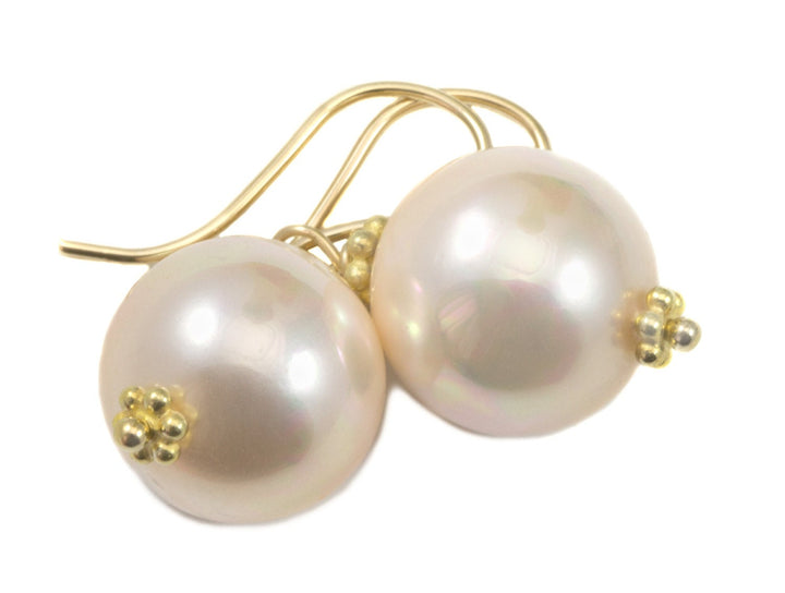 Mother of Pearl Earrings Pink Rose Round Drops Beaded Accents 14k Solid Gold or Filled or Sterling Silver Spyglass Soft Pale Pink Simple MOP