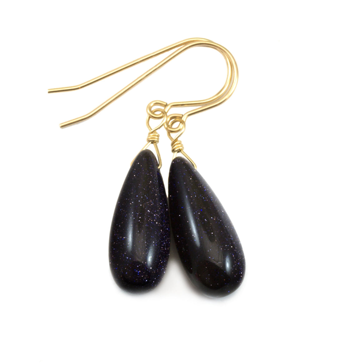 Blue Goldstone Earrings Long Rounded Smooth Briolette Teardrop dangle drop Sterling Silver Earrings Spyglass Designs Drops Golden Sparkle