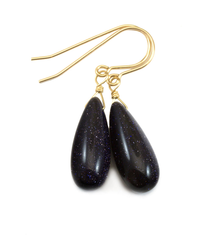 Blue Goldstone Earrings Long Rounded Smooth Briolette Teardrop dangle drop Sterling Silver Earrings Spyglass Designs Drops Golden Sparkle