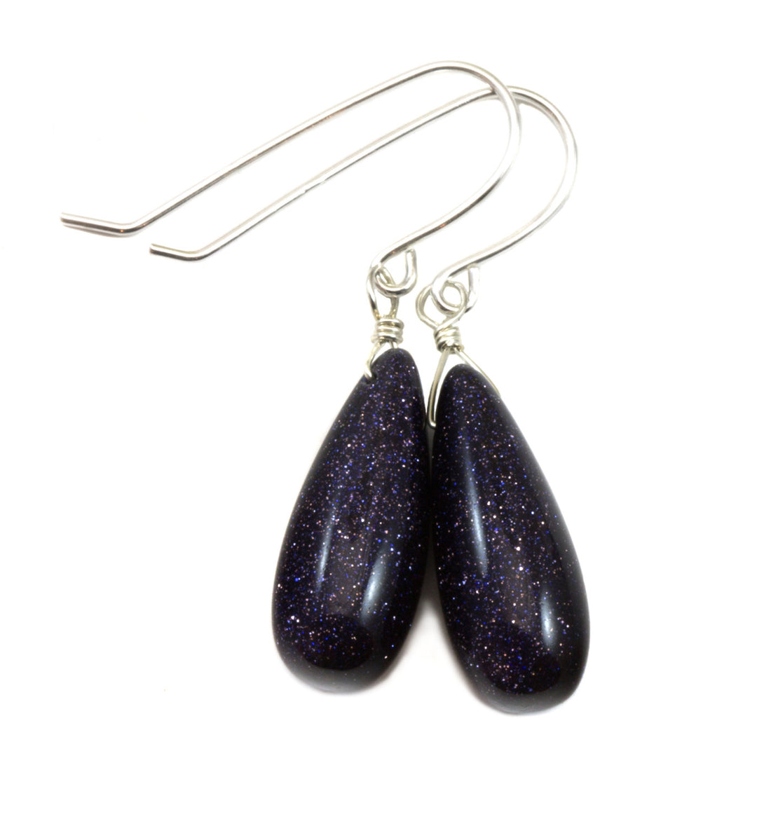 Blue Goldstone Earrings Long Rounded Smooth Briolette Teardrop dangle drop Sterling Silver Earrings Spyglass Designs Drops Golden Sparkle