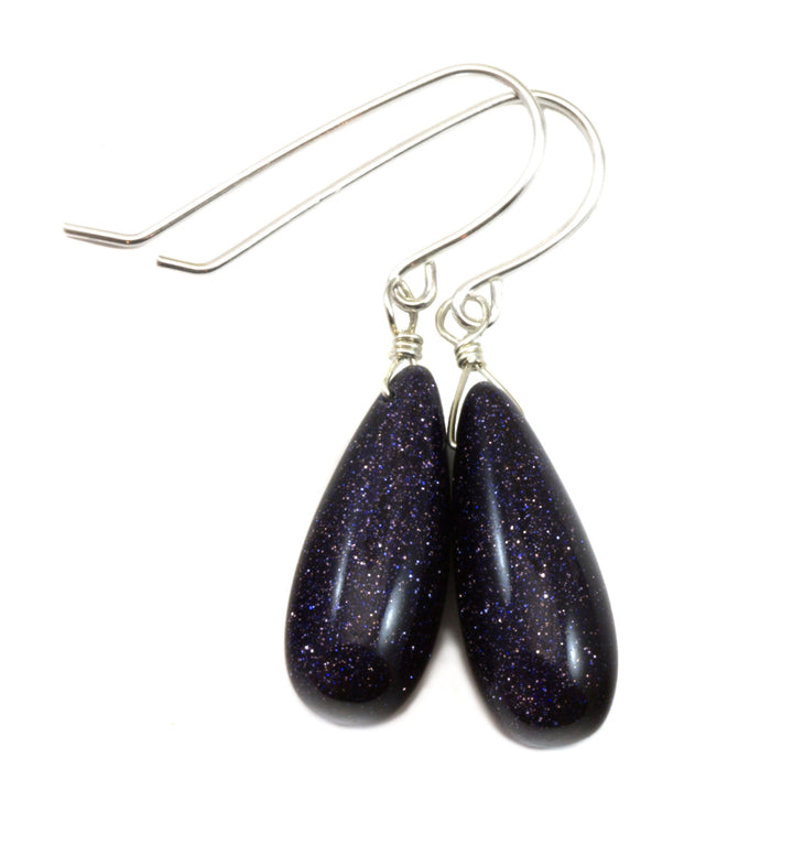 Blue Goldstone Earrings Long Rounded Smooth Briolette Teardrop dangle drop Sterling Silver Earrings Spyglass Designs Drops Golden Sparkle