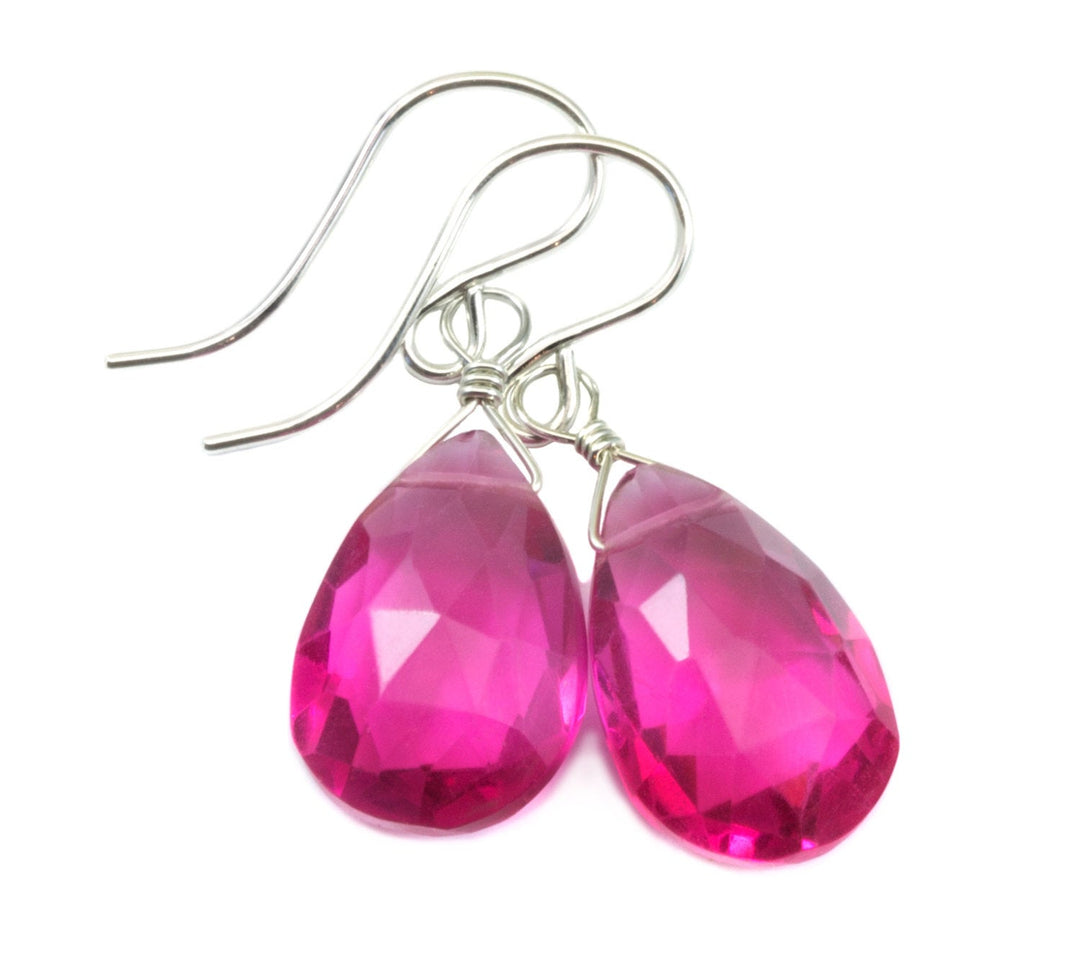 Hot Pink Earrings Faceted Simulated Sapphire Teardrop Drop Dangle Sterling Silver or 14k Solid Yellow Gold or Filled Bright Fuchsia Magenta