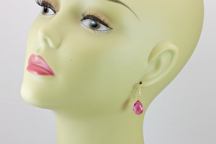 Hot Pink Earrings Faceted Simulated Sapphire Teardrop Drop Dangle Sterling Silver or 14k Solid Yellow Gold or Filled Bright Fuchsia Magenta