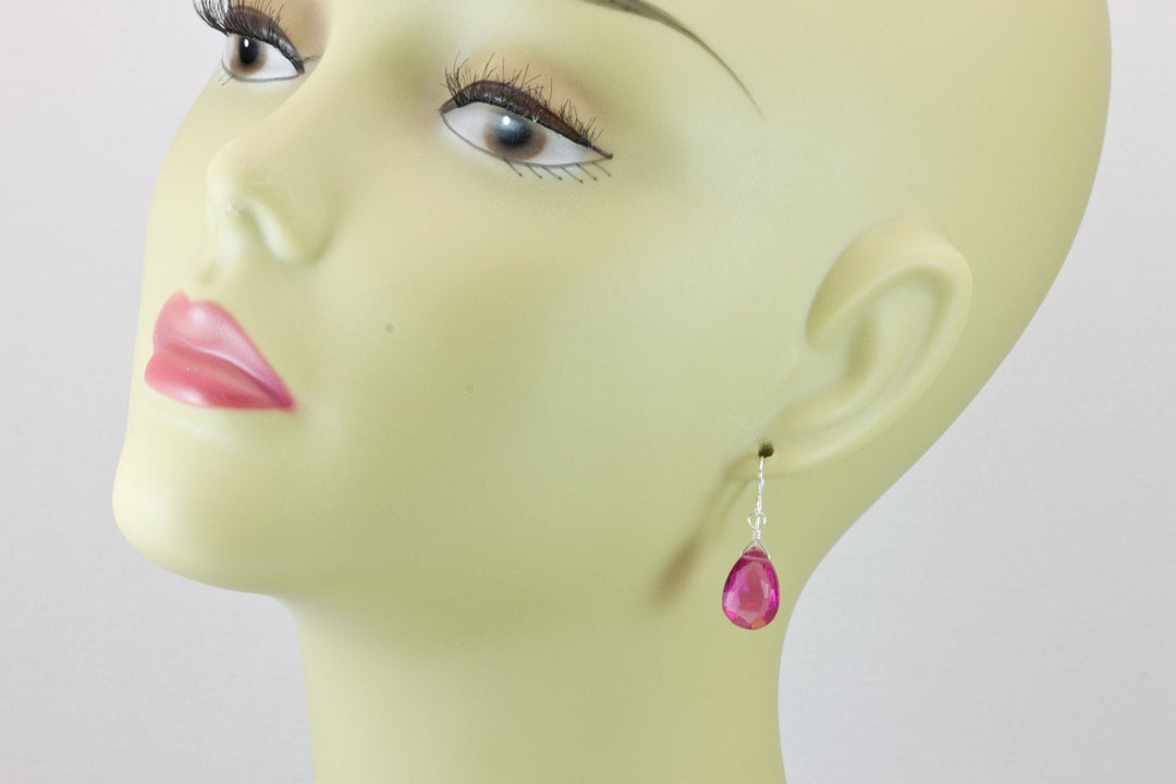 Hot Pink Earrings Faceted Simulated Sapphire Teardrop Drop Dangle Sterling Silver or 14k Solid Yellow Gold or Filled Bright Fuchsia Magenta