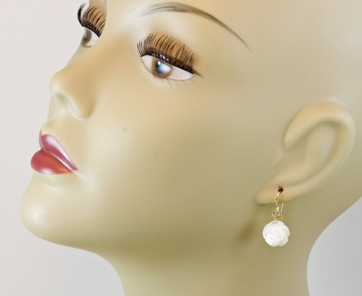 Mother of Pearl Earrings White Rose Shell Carved Roses Natural 14k Solid Gold or Filled or Sterling Silver Simple MOP Lightweight Drop