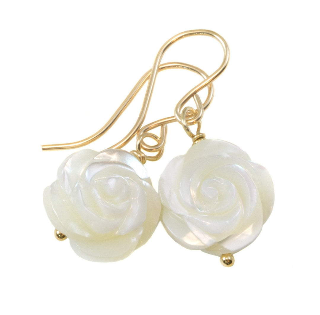 Mother of Pearl Earrings White Rose Shell Carved Roses Natural 14k Solid Gold or Filled or Sterling Silver Simple MOP Lightweight Drop