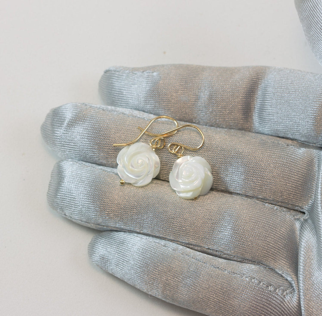 Mother of Pearl Earrings White Rose Shell Carved Roses Natural 14k Solid Gold or Filled or Sterling Silver Simple MOP Lightweight Drop