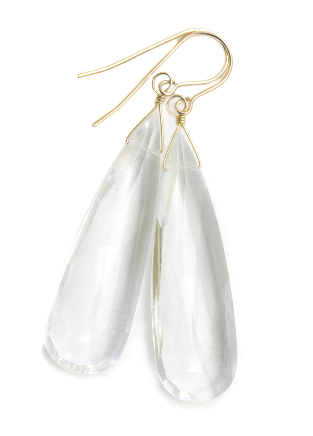 Crystal Clear Quartz Earrings Long Large Faceted Briolette Teardrop 14k Solid Gold or Filled or Sterling Silver Simple Natural Drops 2.3 In