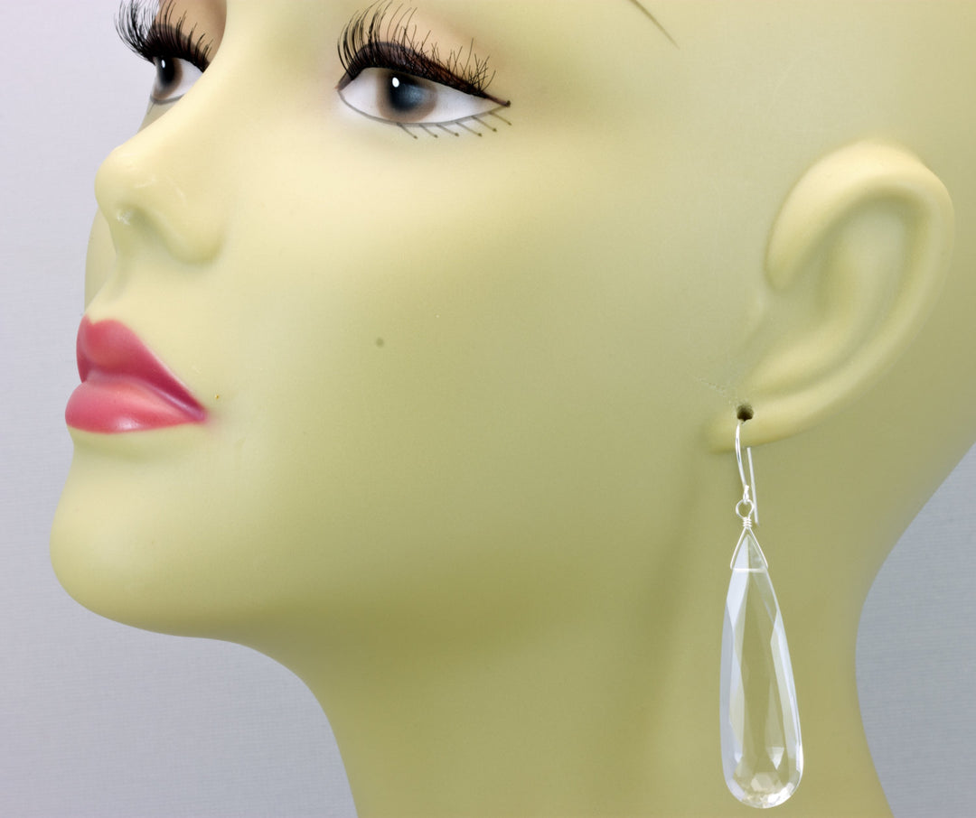 Crystal Clear Quartz Earrings Long Large Faceted Briolette Teardrop 14k Solid Gold or Filled or Sterling Silver Simple Natural Drops 2.3 In