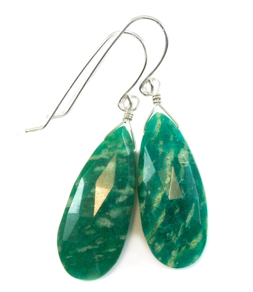 Amazonite Earrings Dark Blue Green Faceted Teardrops Long Sterling Silver or 14k Solid Gold or Filled Natural Color Large Spyglass Designs