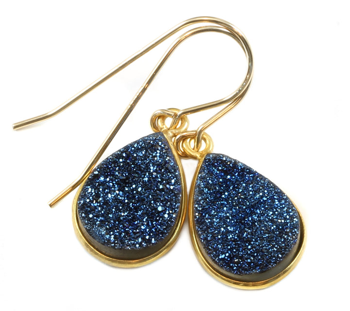 Drusy Earrings Peacock Blue Druzy Teardrop 14k Solid Gold or Filled or Sterling Silver Bezel Set Drops Natural Quartz  Simple Daily Drops