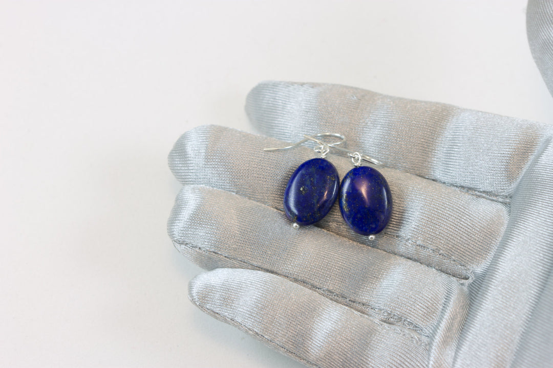 Blue Lapis Earrings Lazuli Natural Oval Teardrop Sterling Silver or 14k Solid Gold or Filled Smooth Polished Pyrite Flecks Simple Daily Drop