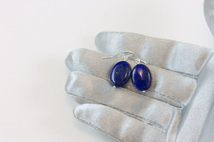 Blue Lapis Earrings Lazuli Natural Oval Teardrop Sterling Silver or 14k Solid Gold or Filled Smooth Polished Pyrite Flecks Simple Daily Drop