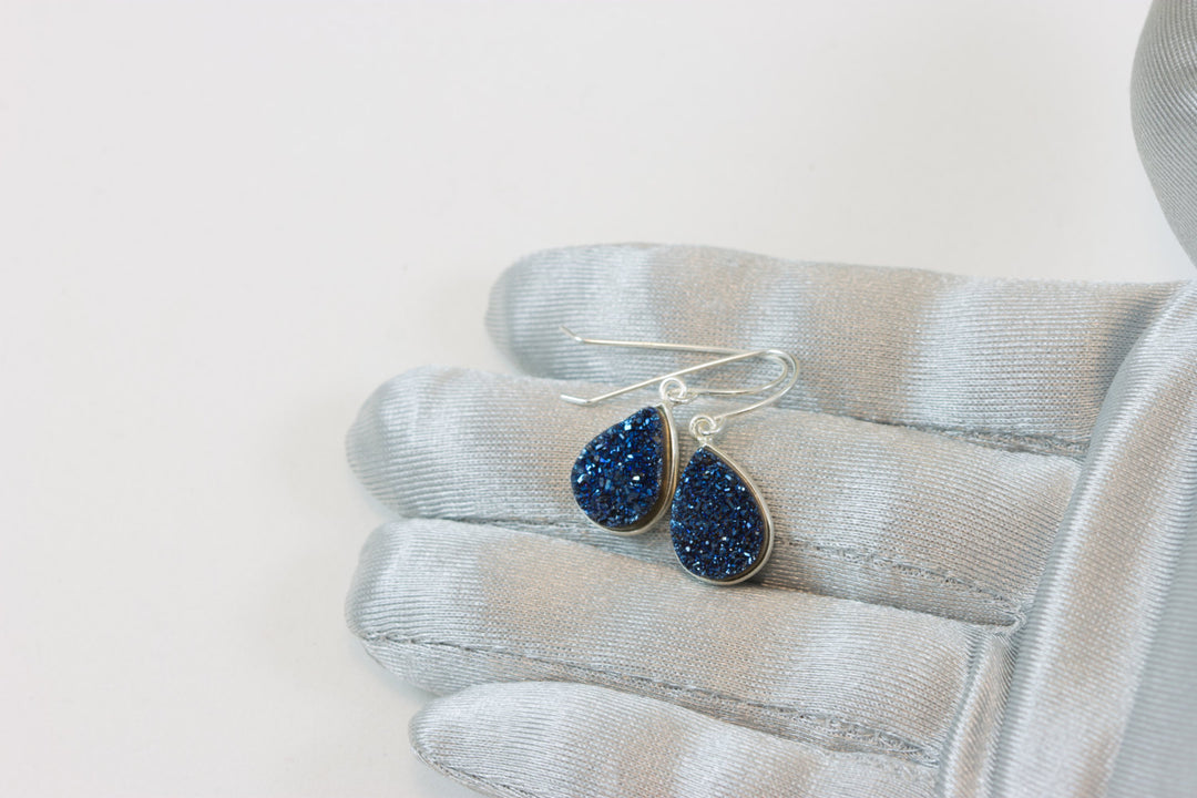 Drusy Earrings Peacock Blue Druzy Teardrop 14k Solid Gold or Filled or Sterling Silver Bezel Set Drops Natural Quartz  Simple Daily Drops