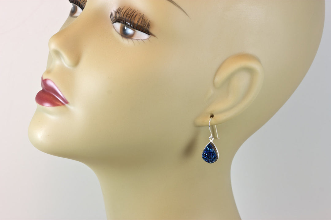 Drusy Earrings Peacock Blue Druzy Teardrop 14k Solid Gold or Filled or Sterling Silver Bezel Set Drops Natural Quartz  Simple Daily Drops