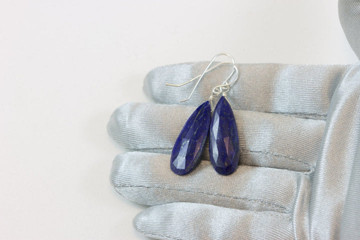 Lapis Lazuli Earrings Natural Faceted Long Teardrop Drops Dangle 14k Solid yellow gold or Filled or Sterling Silver Spyglass Designs Pyrite