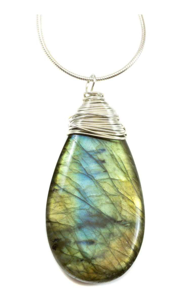Labradorite Necklace Pendant smooth Teardrop  Messy wire wrapped  Sterling Silver Snake chain Necklace 18 Inch Blue Flash Large tear drop