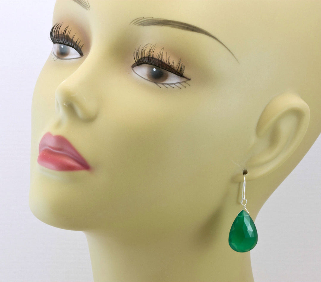 Green Onyx Earrings Faceted Long AAA Dangle Large Briolette Teardrop Sterling Silver or 14k Solid Yellow Gold or Filled Emerald Green Drops