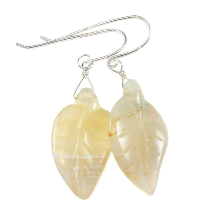 Natural Agate Earrings Hand Carved Leaf Shape AAA Large Drop Sterling Silver or 14k Gold Filled Creamy White Untreated Curved Shape Drops