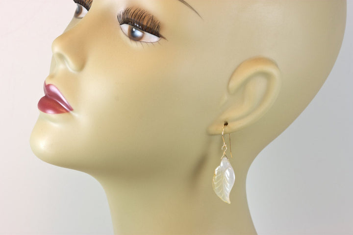 Natural Agate Earrings Hand Carved Leaf Shape AAA Large Drop Sterling Silver or 14k Gold Filled Creamy White Untreated Curved Shape Drops