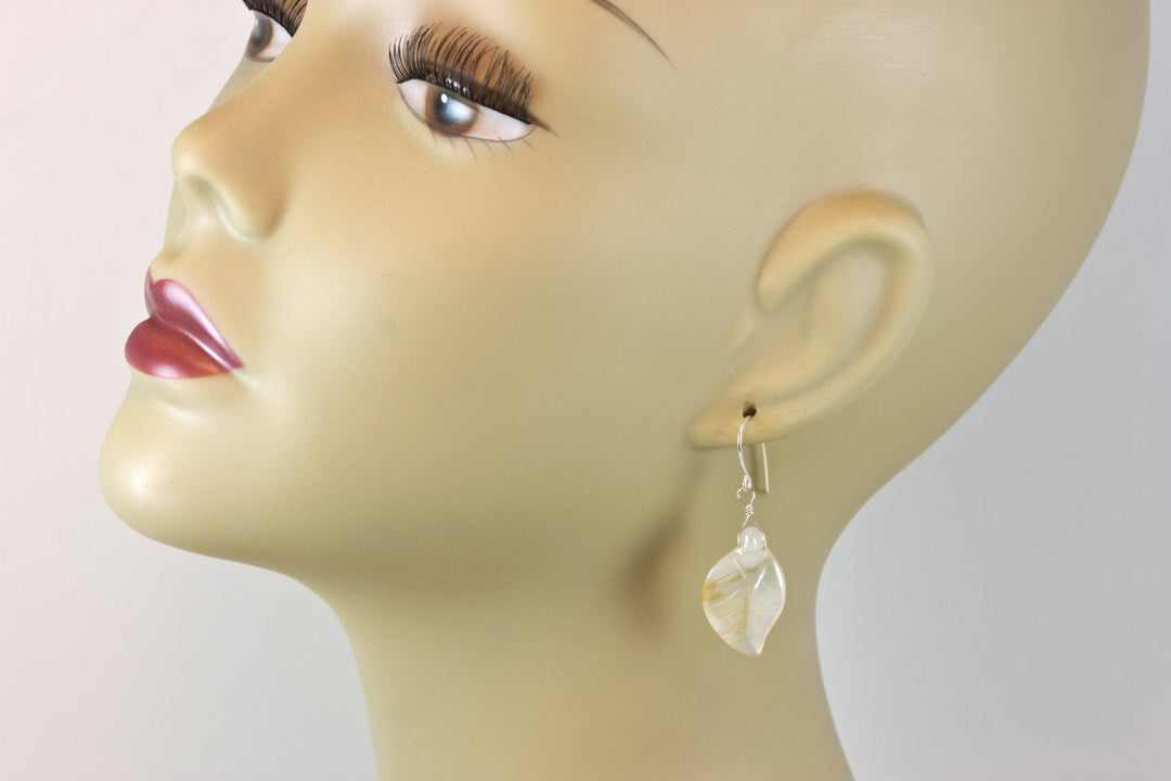 Natural Agate Earrings Hand Carved Leaf Shape AAA Large Drop Sterling Silver or 14k Gold Filled Creamy White Untreated Curved Shape Drops