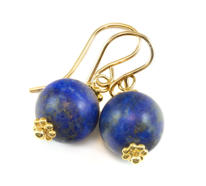 Blue Lapis Earrings Lazuli Natural Round Denim Matt Finish Drop Sterling Silver 14k solid gold or 14k Gold Filled Rich Beaded Accents