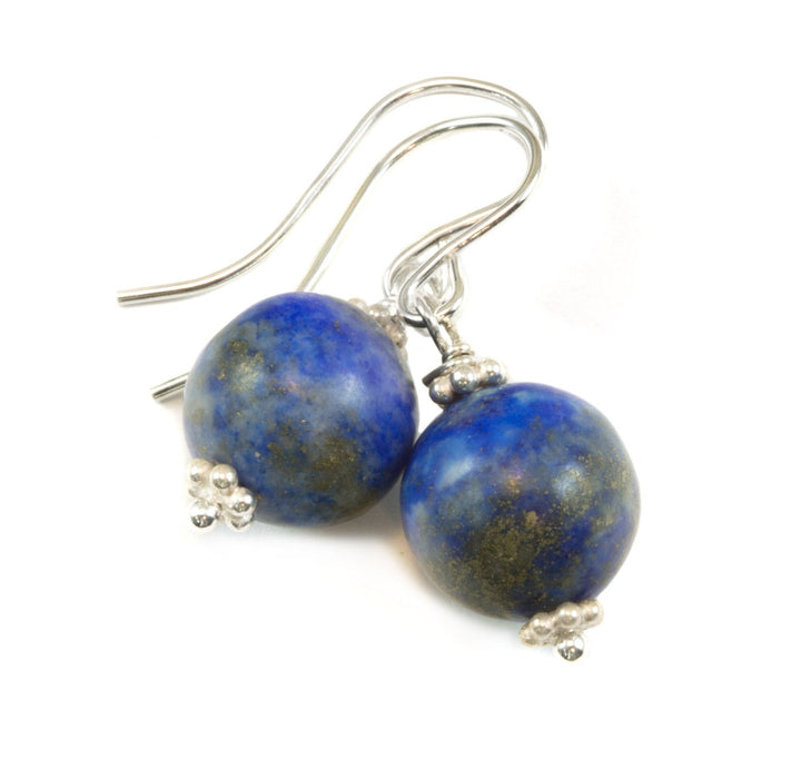 Blue Lapis Earrings Lazuli Natural Round Denim Matt Finish Drop Sterling Silver 14k solid gold or 14k Gold Filled Rich Beaded Accents