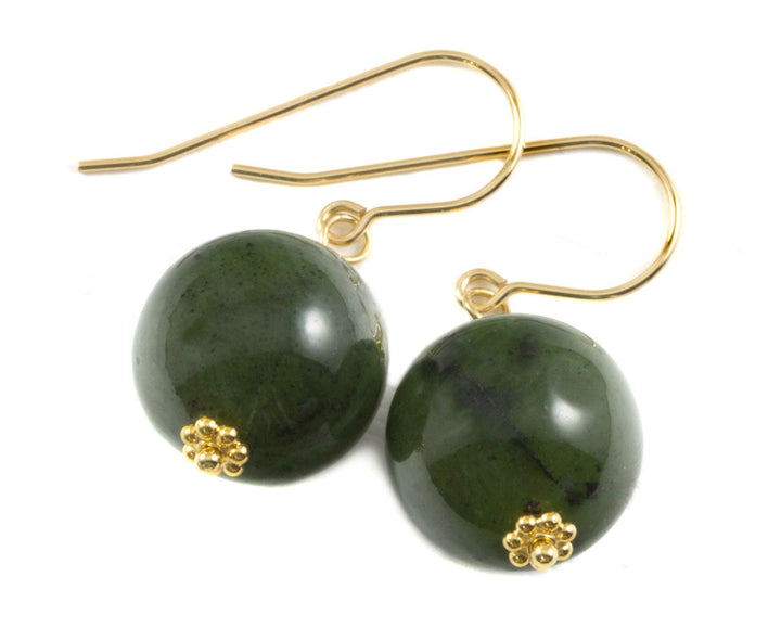Nephrite Green Jade Earrings Simple Large Round Drops Smooth Sterling Silver or 14k Solid Gold or Filled Smooth drops simple everyday