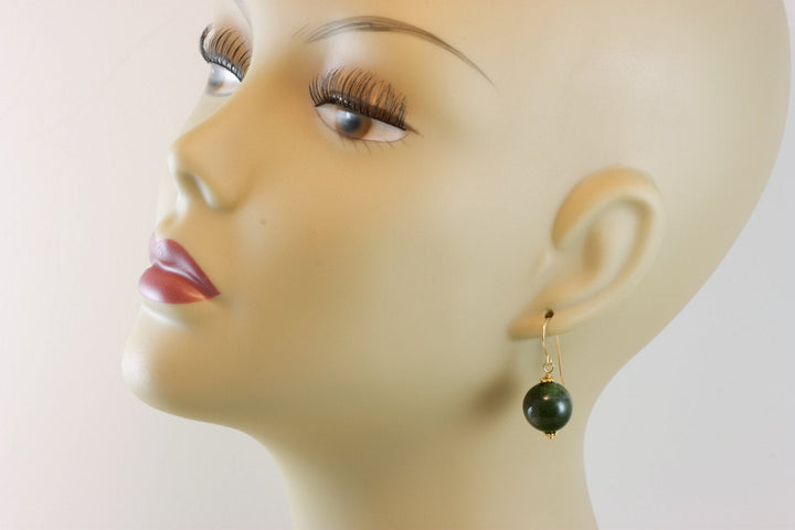 Nephrite Green Jade Earrings Simple Large Round Drops Smooth Sterling Silver or 14k Solid Gold or Filled Smooth drops simple everyday