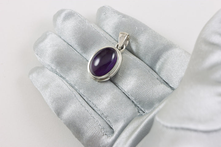 Natural Purple Amethyst Necklace Pendant smooth Sterling Silver Oval Bezel Set Cabachon Simple Design Deep Rich Purple Simple classic design
