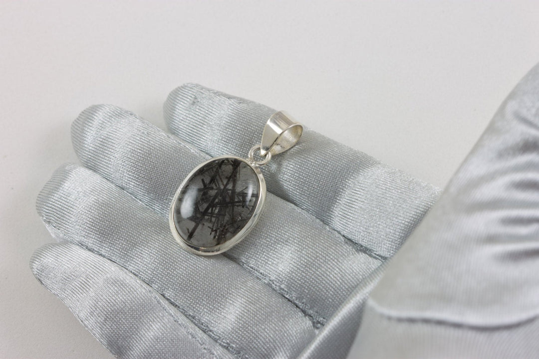Black Rutile Tourmalated Quartz Pendant Large Oval Necklace Pendant Sterling Silver Bezel Set Natural Smooth Cabochon Thick Rutilated Simple