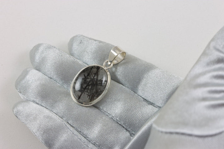 Black Rutile Tourmalated Quartz Pendant Large Oval Necklace Pendant Sterling Silver Bezel Set Natural Smooth Cabochon Thick Rutilated Simple
