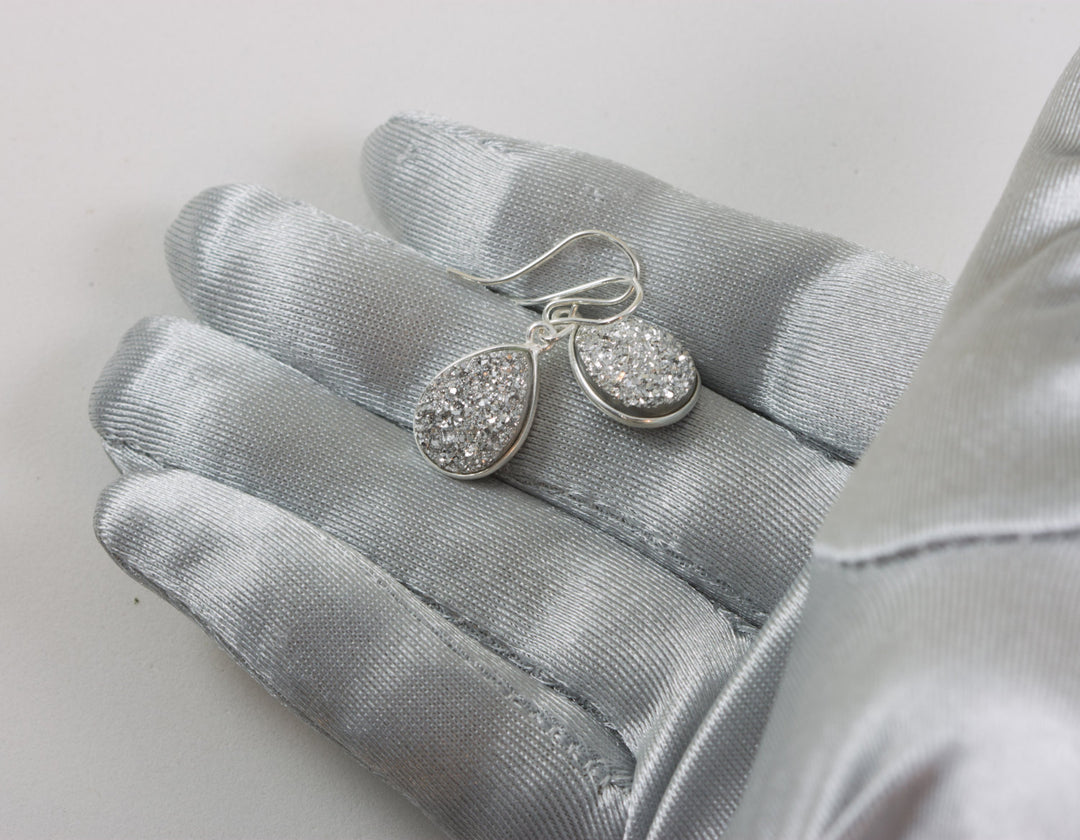 Silvery Drusy Earrings Sterling silver Druzy Teardrop Shape French Ear Wires Bezel Set Simple Drops Bright Silver Sparkle Dressy Simple
