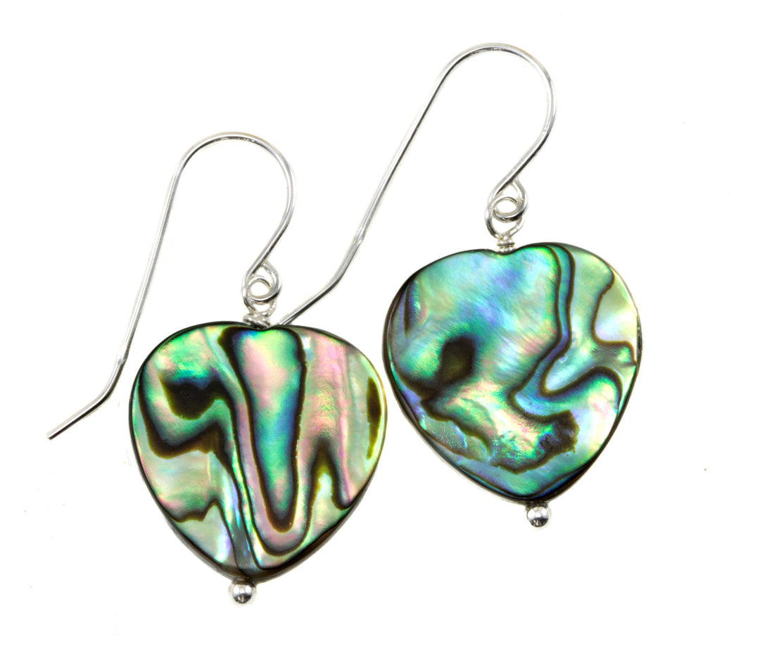 Abalone Earrings Paua Shell Large Heart Shaped Natural Peacock Blue Green 14k solid Gold or Filled or Sterling Silver Lightweight Drops MOP
