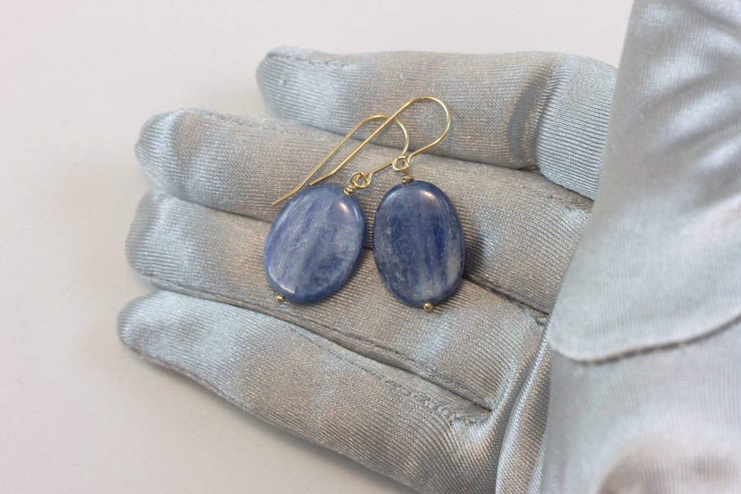 Kyanite Earrings High Quality Raw Large Smooth Oval Drop 14k Solid Gold or Filled or Sterling Silver Rich Blue Natural Simple Basic  Drops