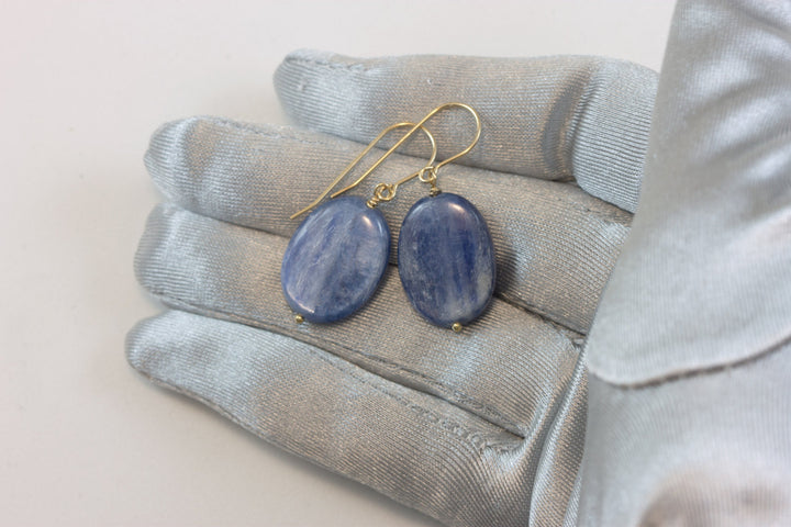 Kyanite Earrings High Quality Raw Large Smooth Oval Drop 14k Solid Gold or Filled or Sterling Silver Rich Blue Natural Simple Basic  Drops