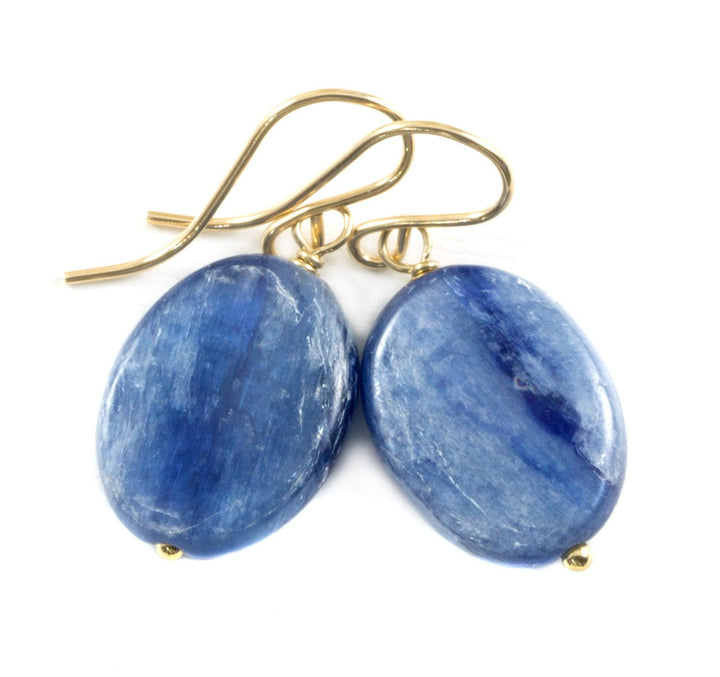 Kyanite Earrings  High Quality Raw Smooth Oval Drops 14k Solid Gold or Filled or Sterling Silver Rich Blue Natural Real Gemstones Simple