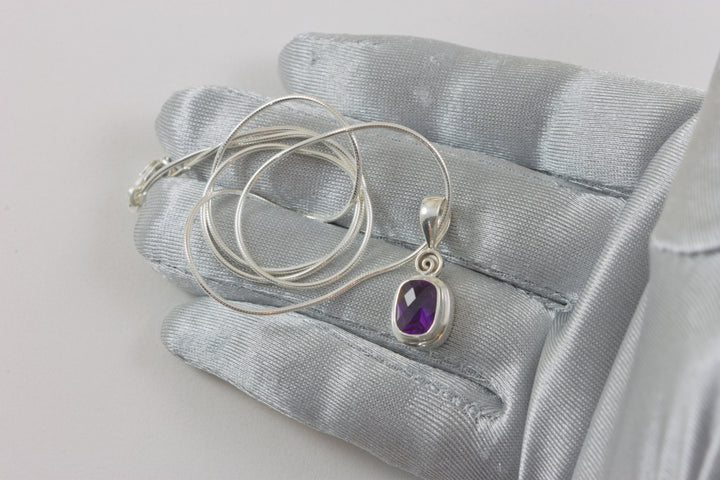 Purple Amethyst Pendant Sterling Silver Snake chain Necklace 18 Inches and Pendant Bezel Set Faceted Rectangle Shape Small Dainty Simple