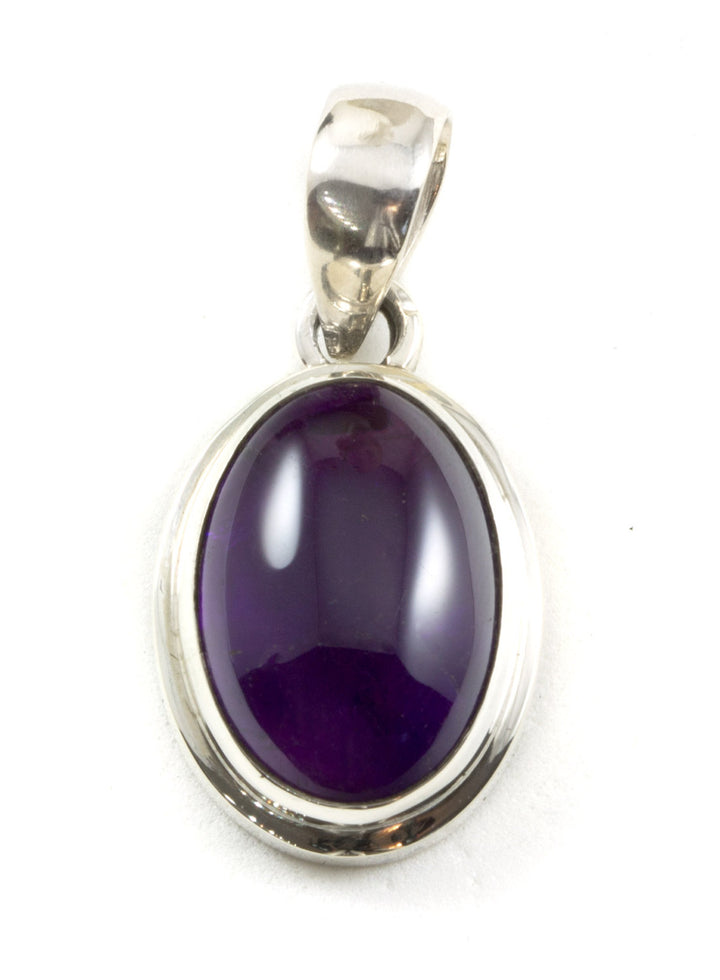 Natural Purple Amethyst Necklace Pendant smooth Sterling Silver Oval Bezel Set Cabachon Simple Design Deep Rich Purple Simple classic design