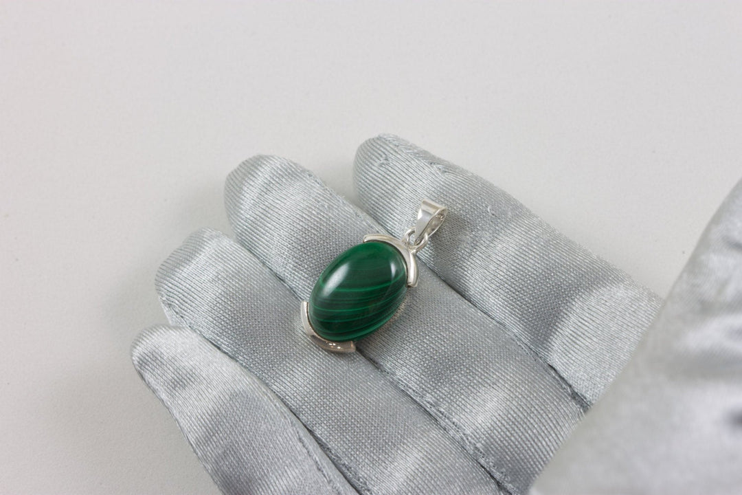 Malachite Pendant Sterling Silver Green Oval Necklace Pendant Bezel Set Real Natural  Smooth Striped Cabachon Simple Daily Wear Classic