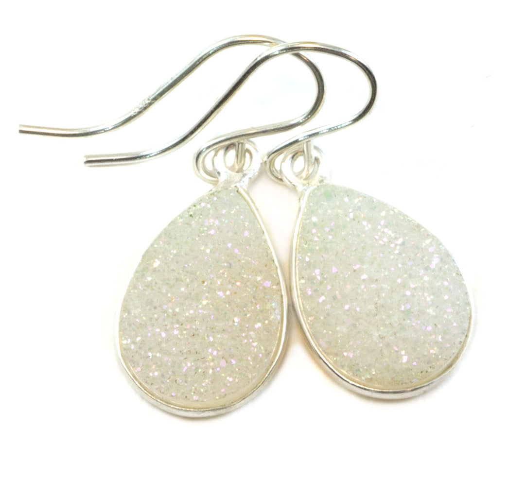 White Drusy Earrings Druzy Teardrop Sterling Silver or 14k yellow solid gold or filled Bezel Simple Drops Fine Druse Quartz Spyglass Designs