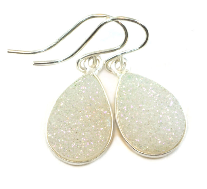 White Drusy Earrings Druzy Teardrop Sterling Silver or 14k yellow solid gold or filled Bezel Simple Drops Fine Druse Quartz Spyglass Designs