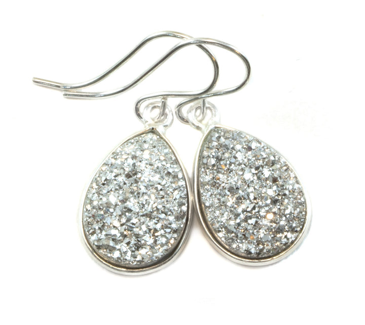 Silvery Drusy Earrings Sterling silver Druzy Teardrop Shape French Ear Wires Bezel Set Simple Drops Bright Silver Sparkle Dressy Simple