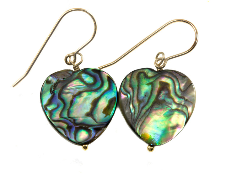 Abalone Earrings Paua Shell Large Heart Shaped Natural Peacock Blue Green 14k solid Gold or Filled or Sterling Silver Lightweight Drops MOP
