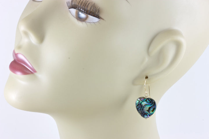 Abalone Earrings Paua Shell Large Heart Shaped Natural Peacock Blue Green 14k solid Gold or Filled or Sterling Silver Lightweight Drops MOP
